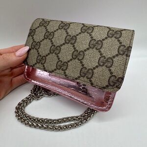 Upcycled authentic Gucci monogram canvas handmade pink cross shoulder chain bag